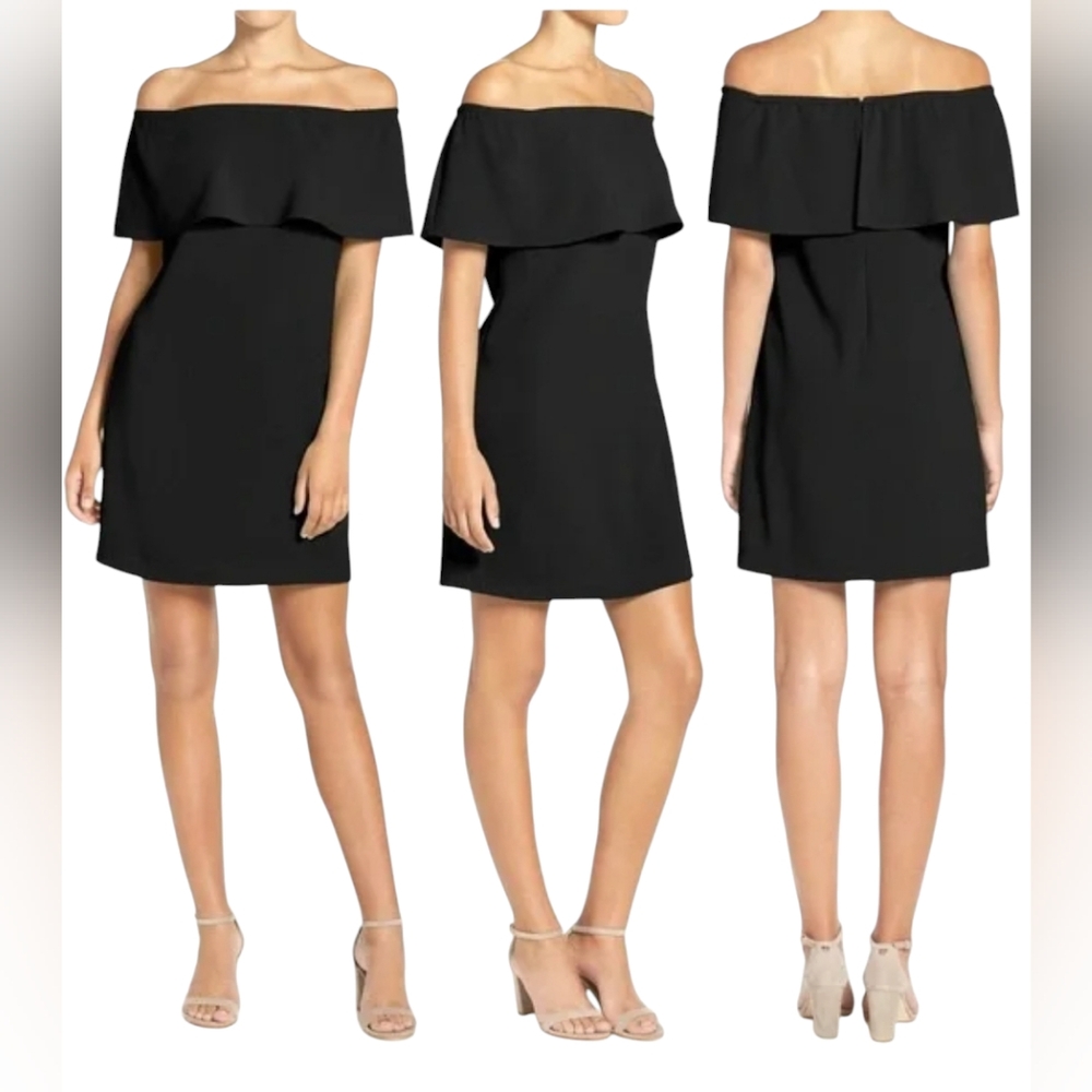 Charles Henry off the shoulder black crepe ruffle bust mini dress XS